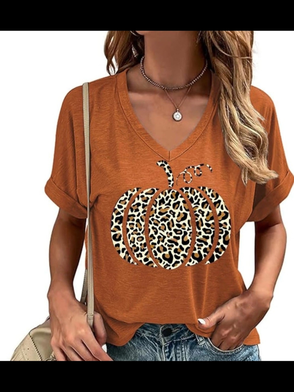 Leopard Pumpkin Graphic V-Neck Tee - Rust